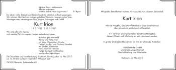 Traueranzeige von Kurt Irion 