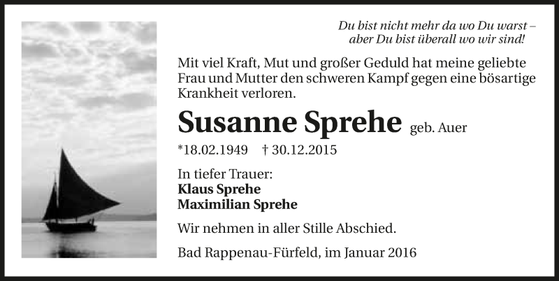  Traueranzeige für Susanne Sprehe vom 04.01.2016 aus 