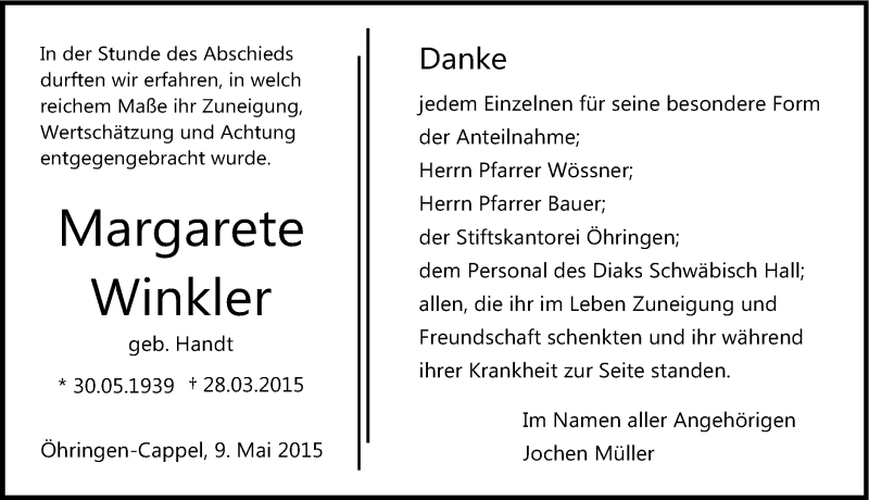  Traueranzeige für Margarete Winkler vom 09.05.2015 aus 