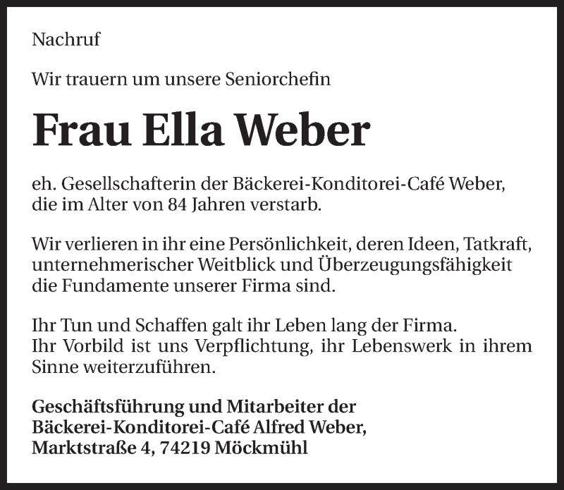  Traueranzeige für Ella Weber vom 04.04.2015 aus 