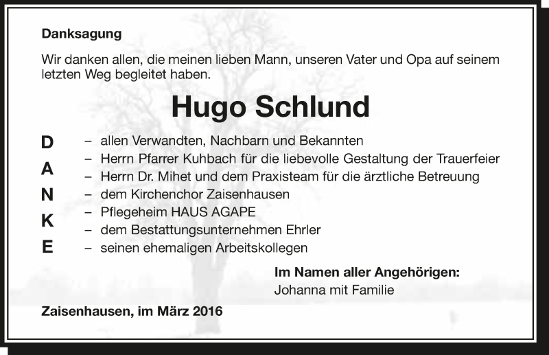 Traueranzeige für Hugo Schlund vom 26.03.2016 aus 