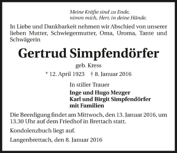 Traueranzeige von Gertrud Simpfendörfer 
