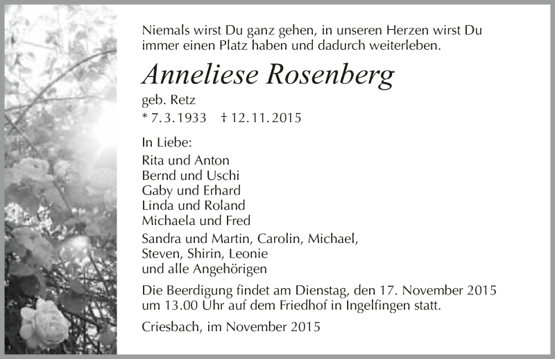 Traueranzeige für Anneliese Rosenberg vom 14.11.2015 aus 