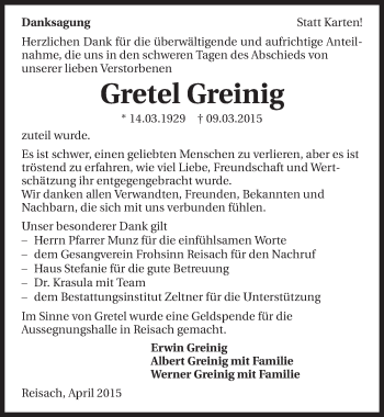 Traueranzeige von Gretel Greinig 
