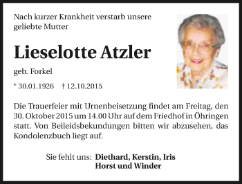 Traueranzeige von Lieselotte Atzler 