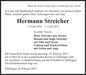 Traueranzeige von Hermann Streicher 