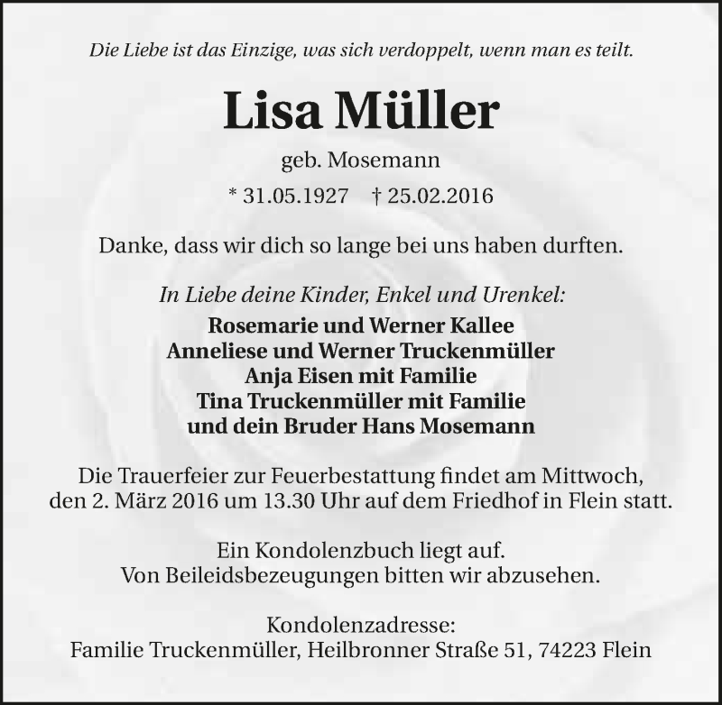  Traueranzeige für Lisa Müller vom 27.02.2016 aus 