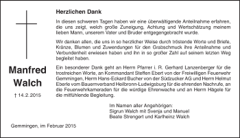 Traueranzeige von Manfred Walch 