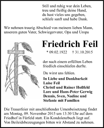 Traueranzeige von Friedrich Feil 