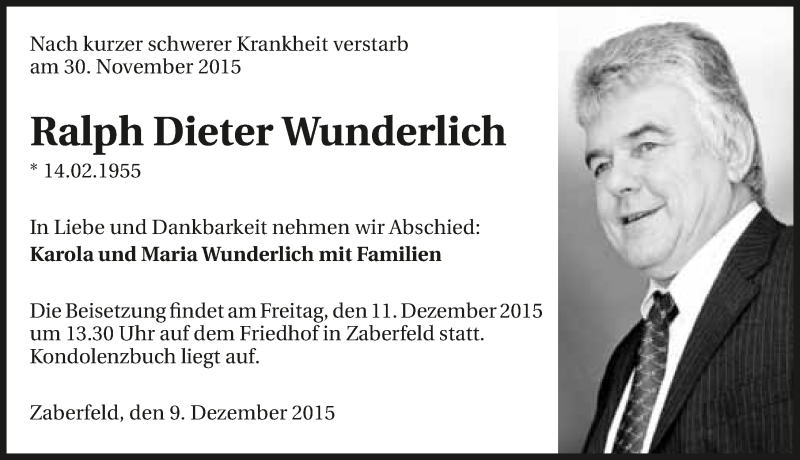  Traueranzeige für Ralph Dieter Wunderlich vom 09.12.2015 aus 