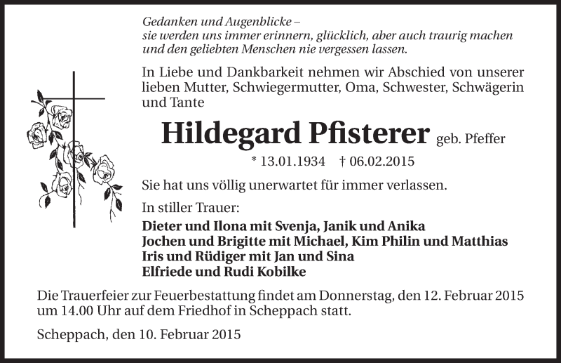  Traueranzeige für Hildegard Pfisterer vom 10.02.2015 aus 
