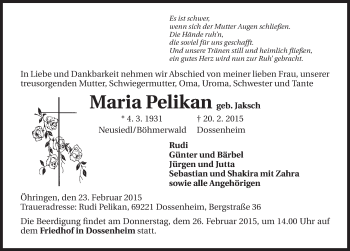 Traueranzeige von Maria Pelikan 