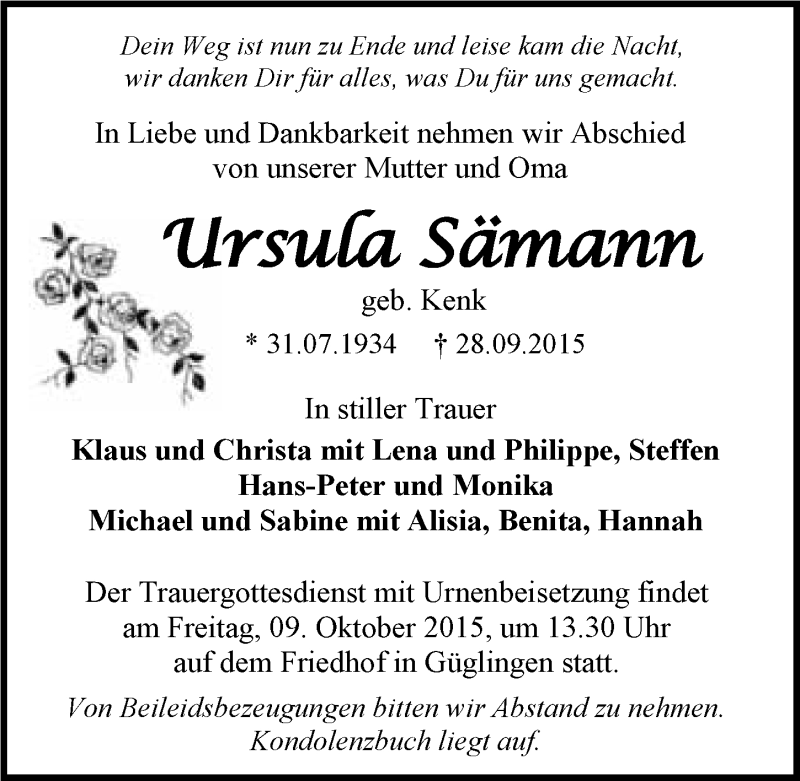  Traueranzeige für Ursula Sämann vom 06.10.2015 aus 