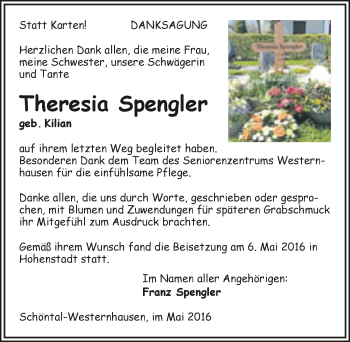 Traueranzeige von Theresia Spengler 