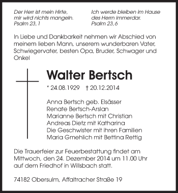 Traueranzeige von Walter Bertsch 
