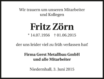 Traueranzeige von Fritz Zörn 