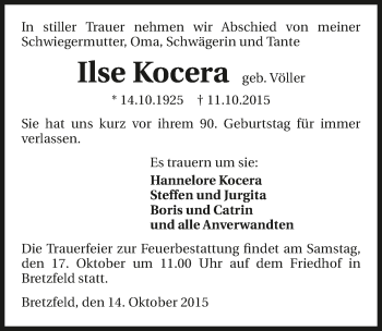 Traueranzeige von Ilse Kocera 