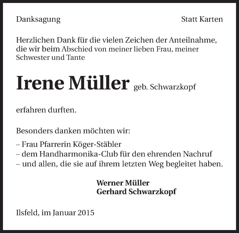  Traueranzeige für Irene Müller vom 24.01.2015 aus 