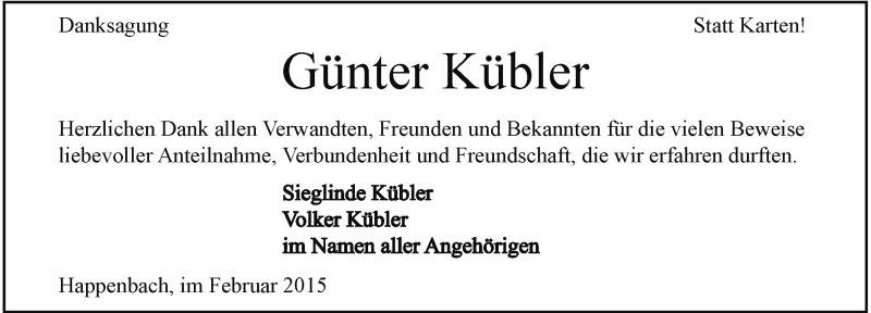  Traueranzeige für Günter Kübler vom 14.02.2015 aus 