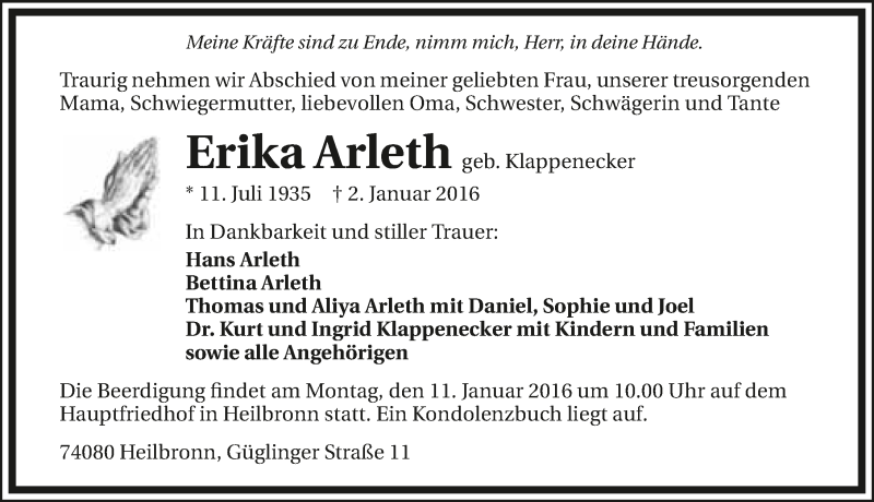  Traueranzeige für Erika Arleth vom 08.01.2016 aus 