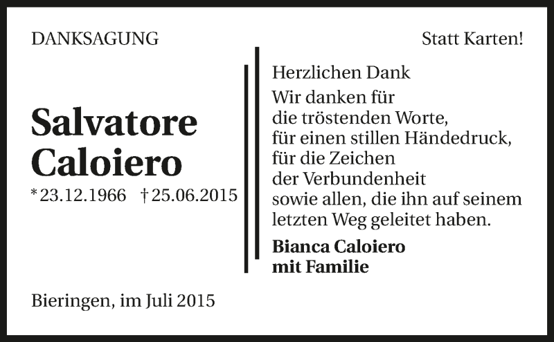  Traueranzeige für Salvatore Caloiero vom 14.07.2015 aus 
