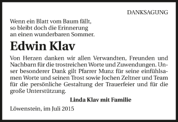 Traueranzeige von Edwin Klav 