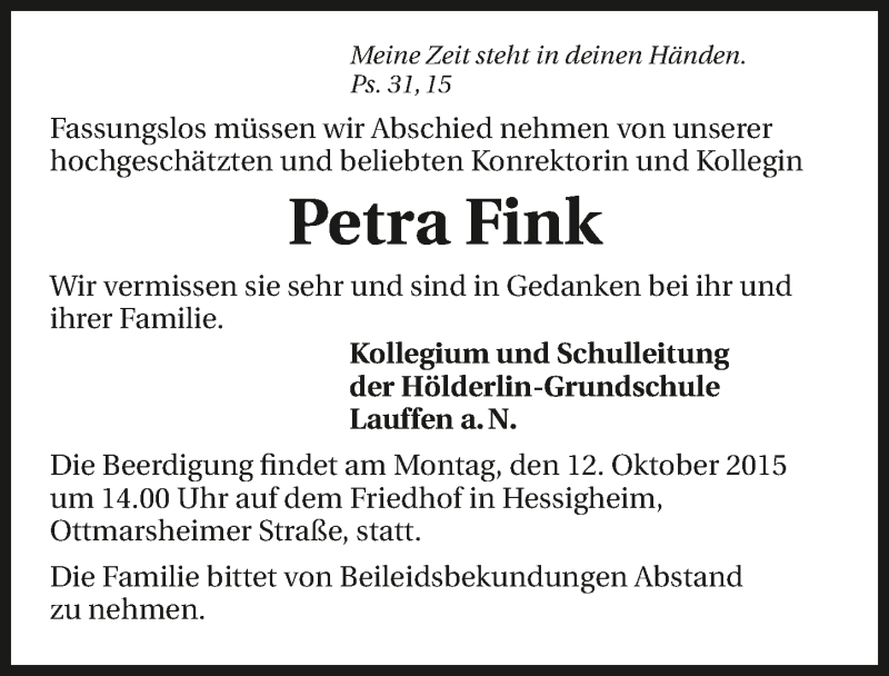  Traueranzeige für Petra Fink vom 09.10.2015 aus 