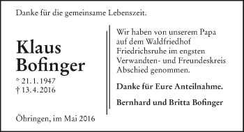 Traueranzeige von Klaus Bofinger 