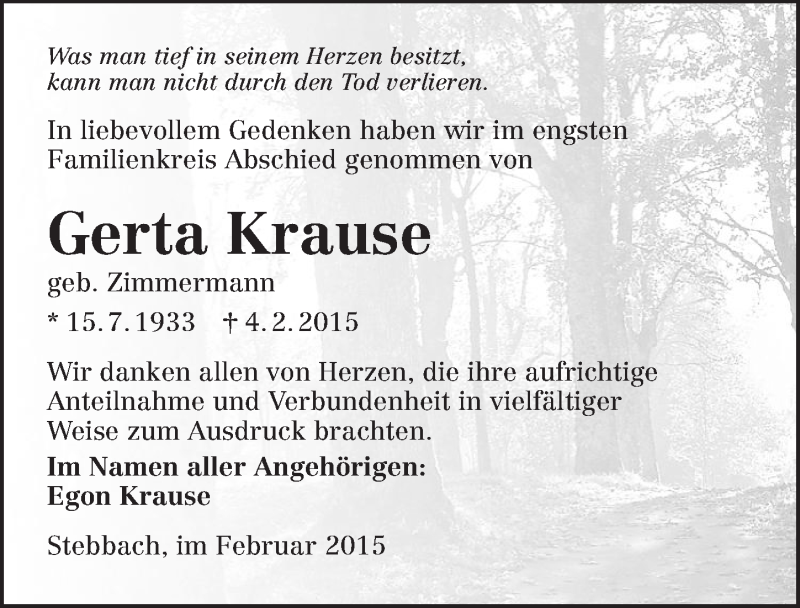  Traueranzeige für Gerta Krause vom 26.02.2015 aus 