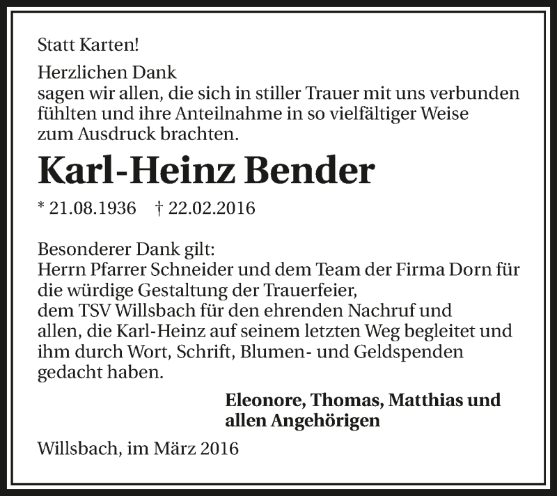  Traueranzeige für Karl-Heinz Bender vom 12.03.2016 aus 