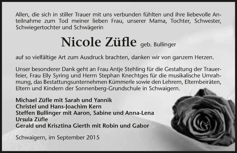  Traueranzeige für Nicole Züfle vom 02.10.2015 aus 