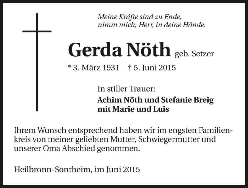  Traueranzeige für Gerda Nöth vom 11.06.2015 aus 