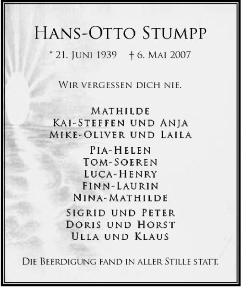  Traueranzeige für Hans-Otto Stumpp vom 12.05.2007 aus 