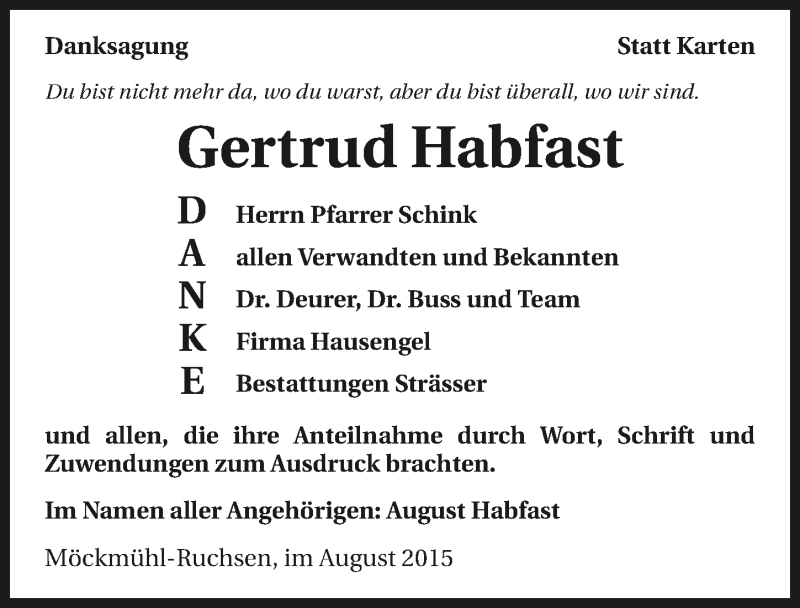  Traueranzeige für Gertrud Habfast vom 29.08.2015 aus 