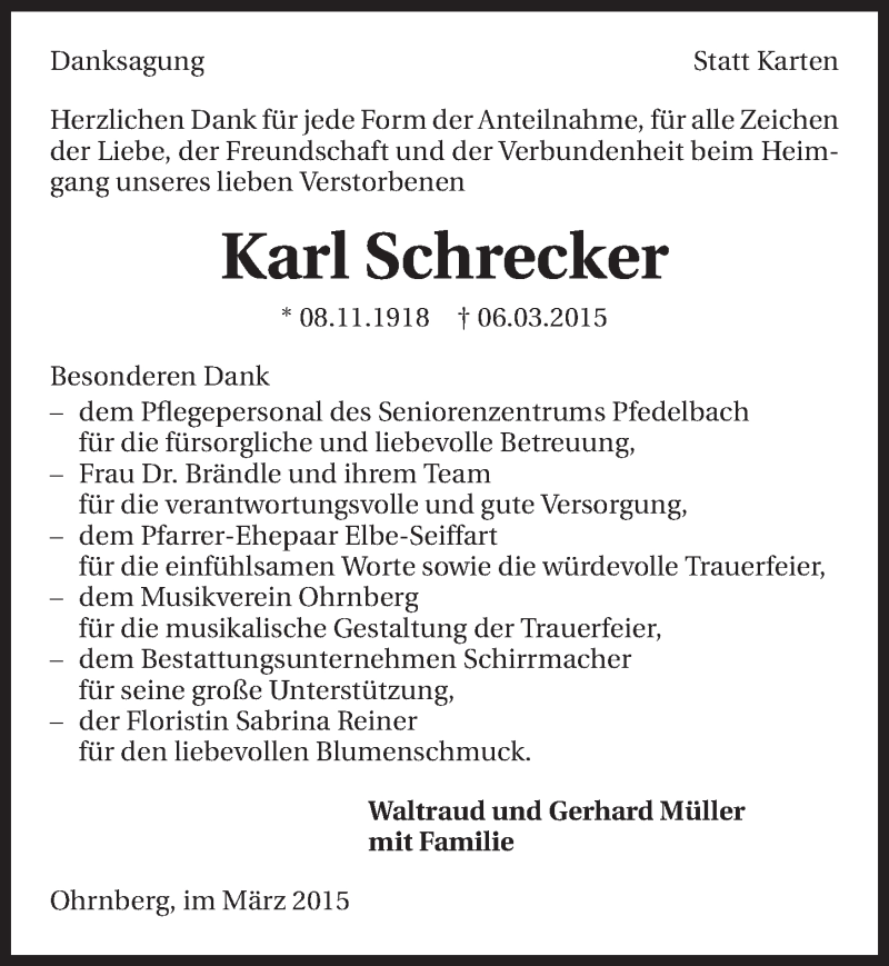 Traueranzeige für Karl Schrecker vom 28.03.2015 aus 