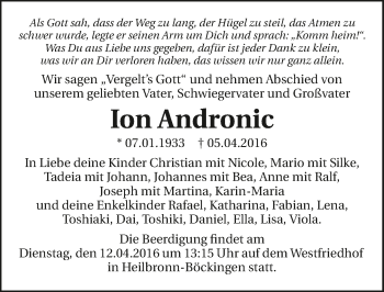 Traueranzeige von Ion Andronic 