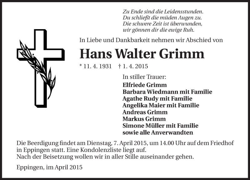  Traueranzeige für Hans Walter Grimm vom 04.04.2015 aus 