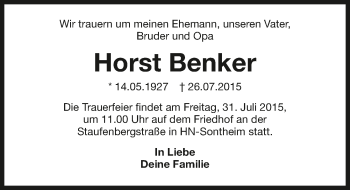 Traueranzeige von Horst Benker 