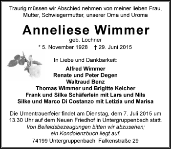 Traueranzeige von Anneliese Wimmer 