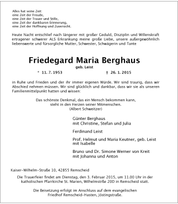 Traueranzeige von Friedegard Maria Berghaus 