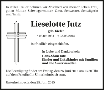 Traueranzeige von Lieselotte Jutz 