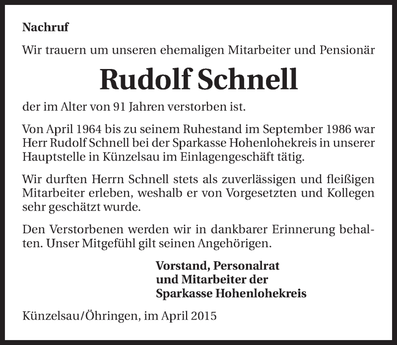  Traueranzeige für Rudolf Schnell vom 14.04.2015 aus 