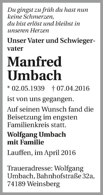 Traueranzeige von Manfred Umbach 