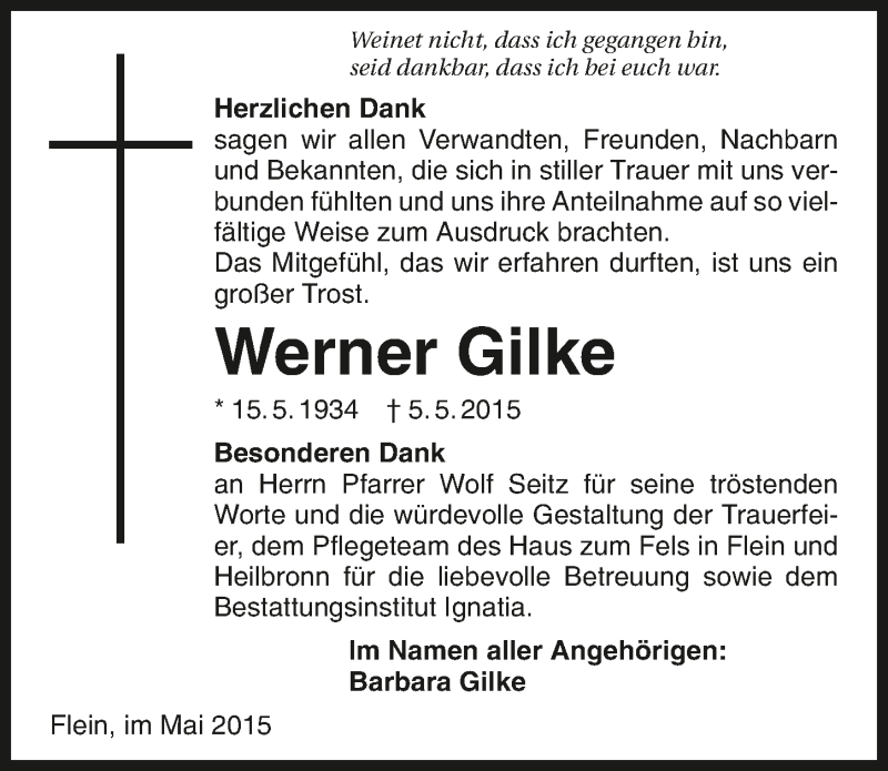  Traueranzeige für Werner Gilke vom 30.05.2015 aus 