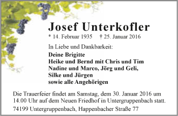 Traueranzeige von Josef Unterkofler 