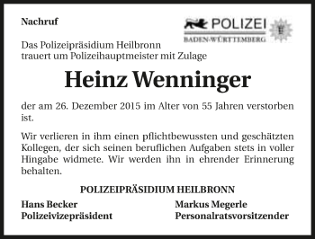 Traueranzeige von Heinz Wenninger 
