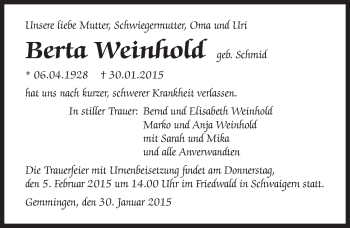Traueranzeige von Berta Weinhold 