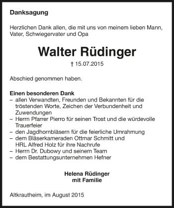 Traueranzeige von Walter Rüdinger 