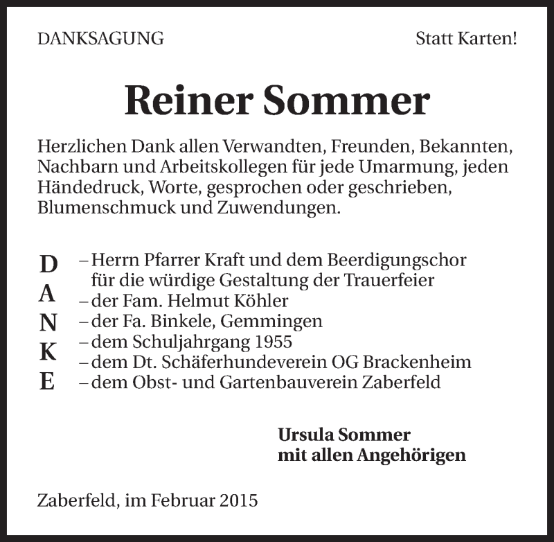  Traueranzeige für Reiner Sommer vom 14.02.2015 aus 