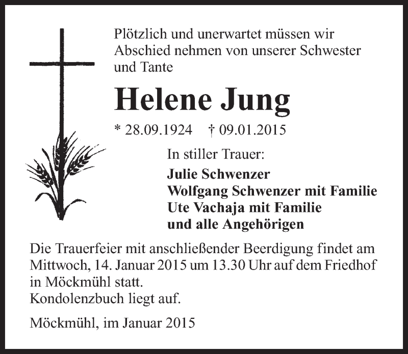  Traueranzeige für Helene Jung vom 12.01.2015 aus 